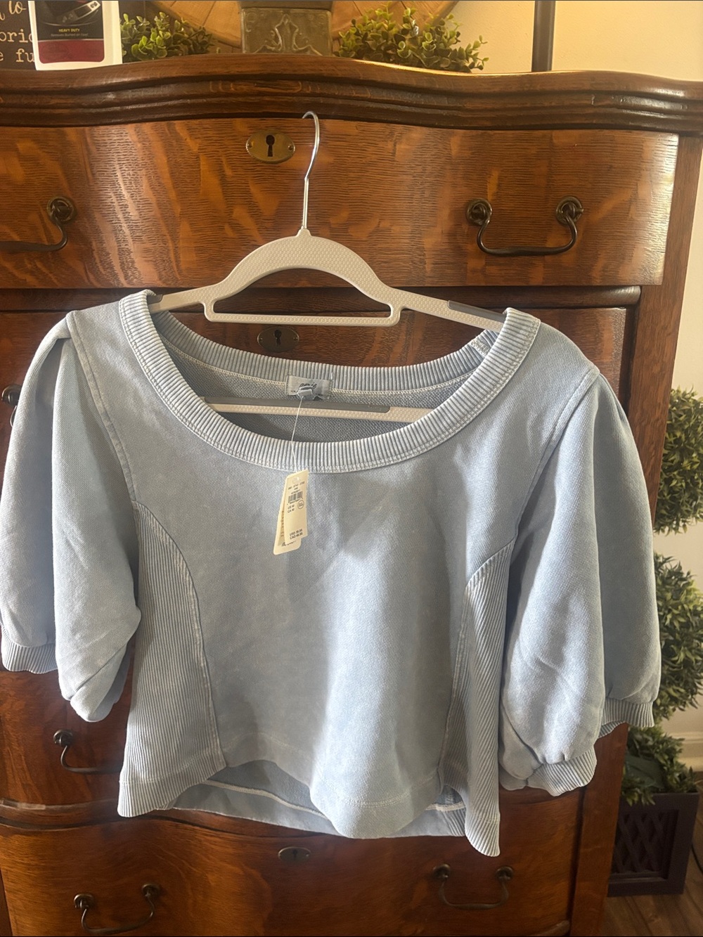 aerie Light Blue Scoop Neck Crop Top with Puff Sleeves